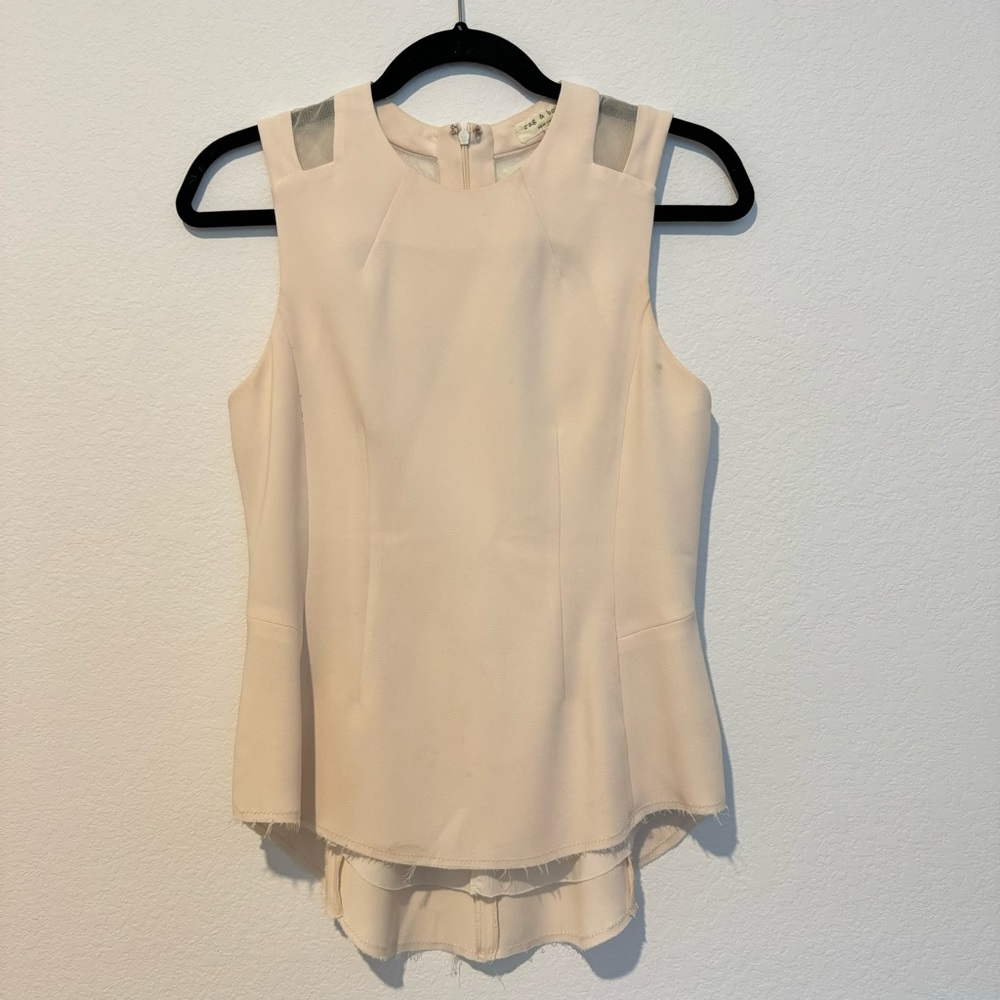 Rag & Bone Cream Sheer Panel Sleeveless Raw Hem Blouse